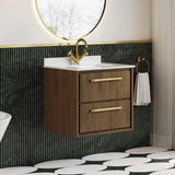 Hudson Reed Lille 600mm Antique Oak 2 Drawer Wall Hung Vanity Unit With Square Basin With Marble Worktop