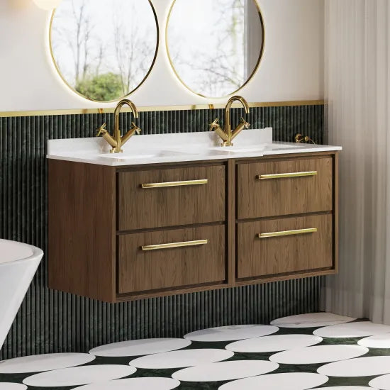Hudson Reed Lille 1200mm Antique Oak 4 Drawer Wall Hung Vanity With Twin Marble Basin