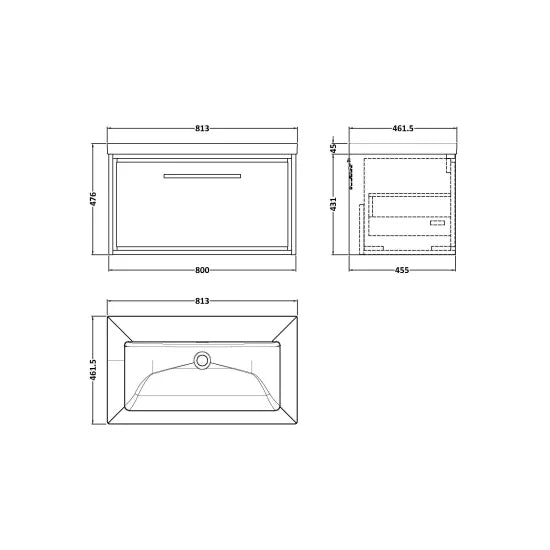 Hudson Reed Lille 800mm Antique Oak 1 Drawer Wall Hung Vanity Unit With Fireclay Basin