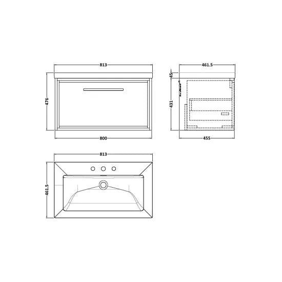 Hudson Reed Lille Antique Oak 1 Drawer Wall Hung Vanity Unit With 3 Tap Holes Fireclay Basin