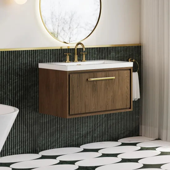 Hudson Reed Lille Antique Oak 1 Drawer Wall Hung Vanity Unit With 3 Tap Holes Fireclay Basin