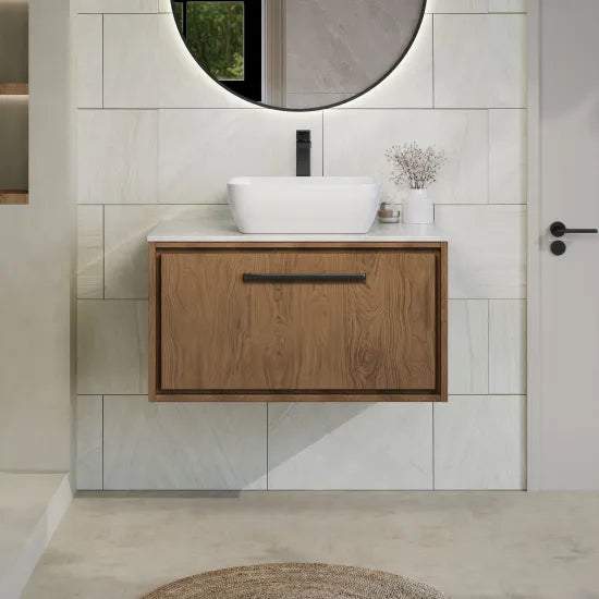 Hudson Reed Lille 600mm Antique Oak 1 Drawer Wall Hung Vanity Unit With White Marble Worktop