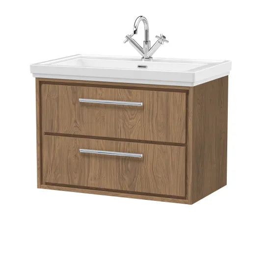 Hudson Reed Lille Antique Oak 2 Drawer Wall Hung Vanity Unit With 1 Tap Hole Fireclay Basin