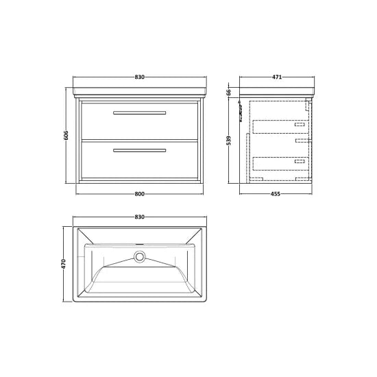 Hudson Reed Lille 800mm Antique Oak 2 Drawer Wall Hung Vanity Unit With Fireclay Basin