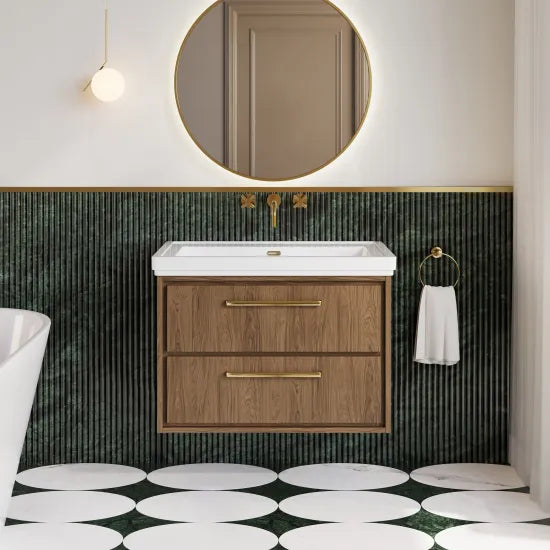 Hudson Reed Lille 800mm Antique Oak 2 Drawer Wall Hung Vanity Unit With Fireclay Basin