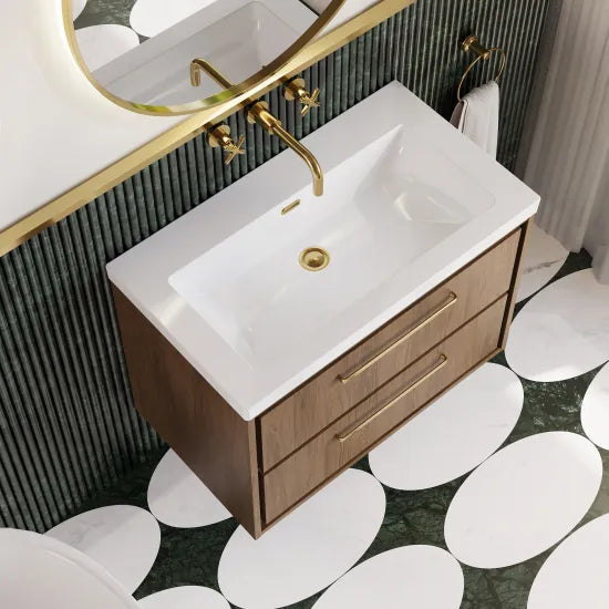 Hudson Reed Lille 800mm Antique Oak 2 Drawer Wall Hung Vanity Unit With Fireclay Basin