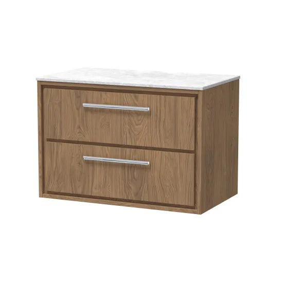 Hudson Reed Lille Antique Oak 2 Drawer Wall Hung Vanity Unit With White Marble Worktop