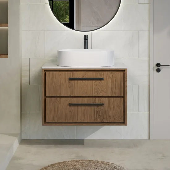 Hudson Reed Lille Antique Oak 2 Drawer Wall Hung Vanity Unit With White Marble Worktop