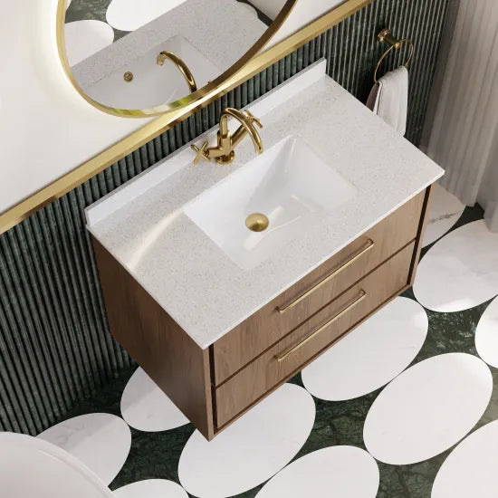 Hudson Reed Lille Antique Oak 2 Drawer Wall Hung Vanity Unit With Square Basin With Marble Worktop