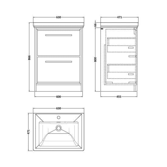 Hudson Reed Lille Antique Oak 2 Drawer Floor Standing Vanity Unit With 1 Tap Hole Fireclay Basin