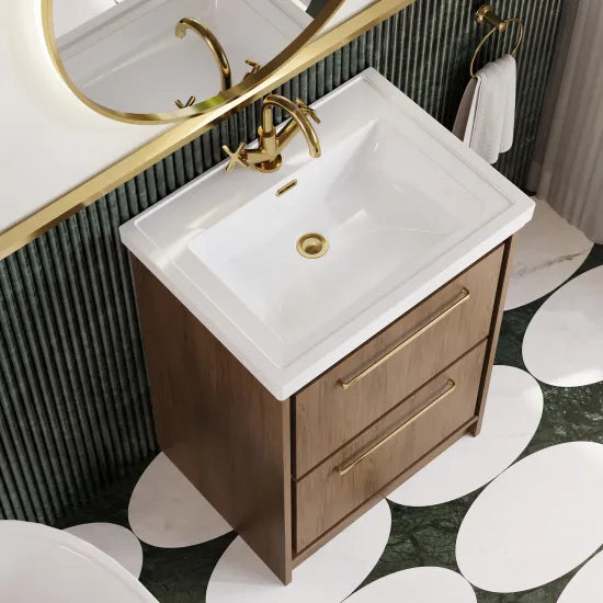 Hudson Reed Lille Antique Oak 2 Drawer Floor Standing Vanity Unit With 1 Tap Hole Fireclay Basin
