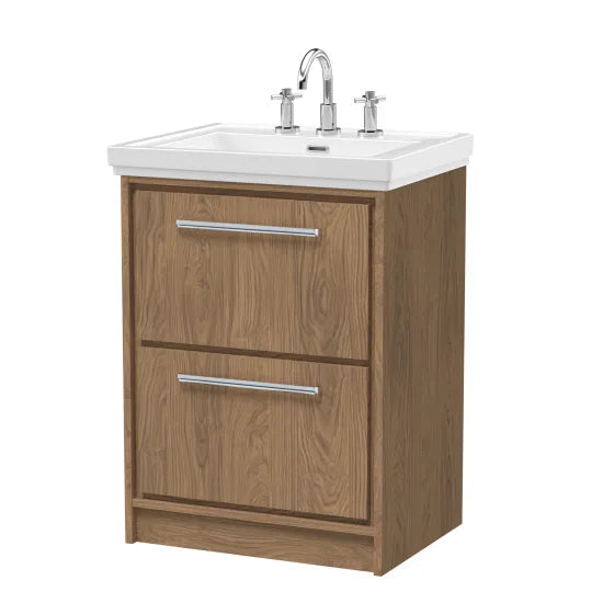 Hudson Reed Lille 600mm Antique Oak 2 Drawer Floor Standing Vanity Unit With 3 Tap Holes Fireclay Basin