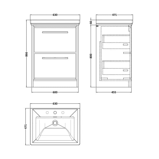 Hudson Reed Lille 600mm Antique Oak 2 Drawer Floor Standing Vanity Unit With 3 Tap Holes Fireclay Basin