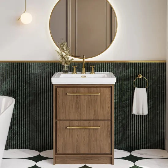 Hudson Reed Lille 600mm Antique Oak 2 Drawer Floor Standing Vanity Unit With 3 Tap Holes Fireclay Basin