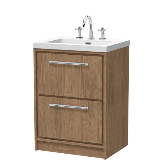 Hudson Reed Lille Antique Oak 2 Drawer Floor Standing Vanity Unit With 3 Tap Holes Fireclay Basin
