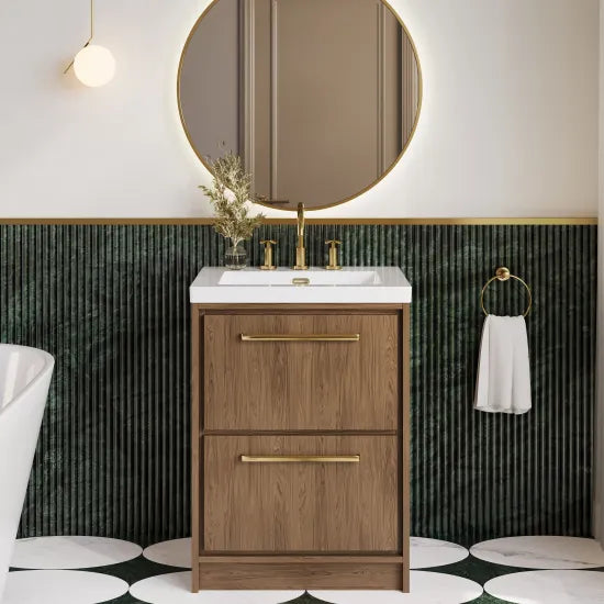 Hudson Reed Lille Antique Oak 2 Drawer Floor Standing Vanity Unit With 3 Tap Holes Fireclay Basin