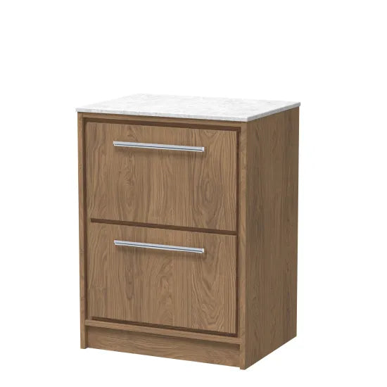Hudson Reed Lille Antique Oak 2 Drawer Floor Standing Vanity Unit With White Marble Worktop