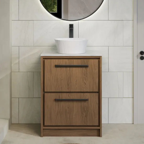 Hudson Reed Lille Antique Oak 2 Drawer Floor Standing Vanity Unit With White Marble Worktop