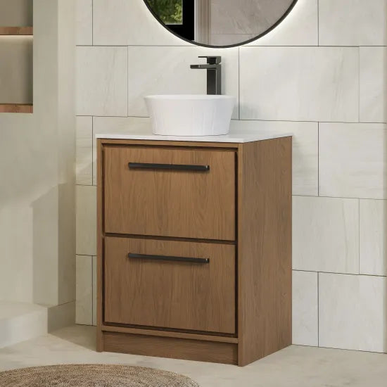 Hudson Reed Lille Antique Oak 2 Drawer Floor Standing Vanity Unit With White Marble Worktop