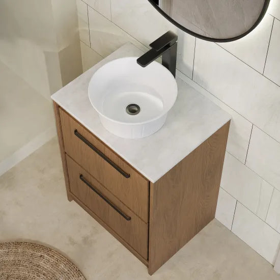 Hudson Reed Lille Antique Oak 2 Drawer Floor Standing Vanity Unit With White Marble Worktop