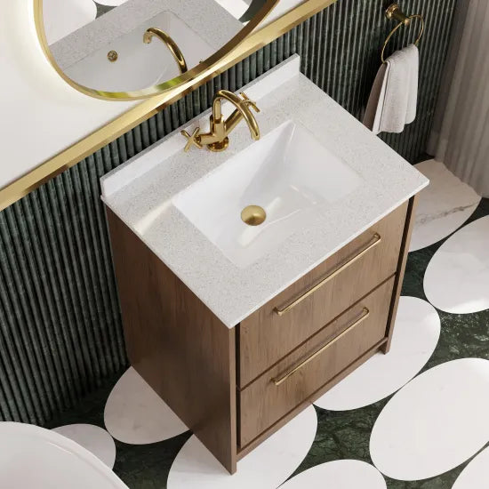 Hudson Reed Lille Antique Oak 2 Drawer Floor Standing Vanity Unit With Square Basin With Marble Worktop