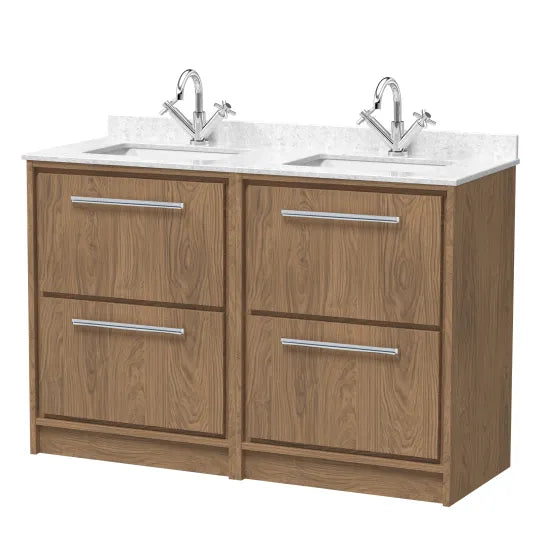 Hudson Reed Lille 1200mm Antique Oak 4 Drawer Floor Standing Vanity With Twin Marble Basin