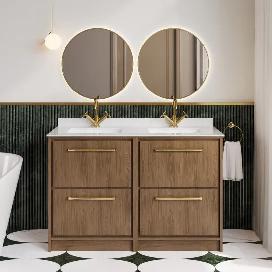 Hudson Reed Lille 1200mm Antique Oak 4 Drawer Floor Standing Vanity With Twin Marble Basin
