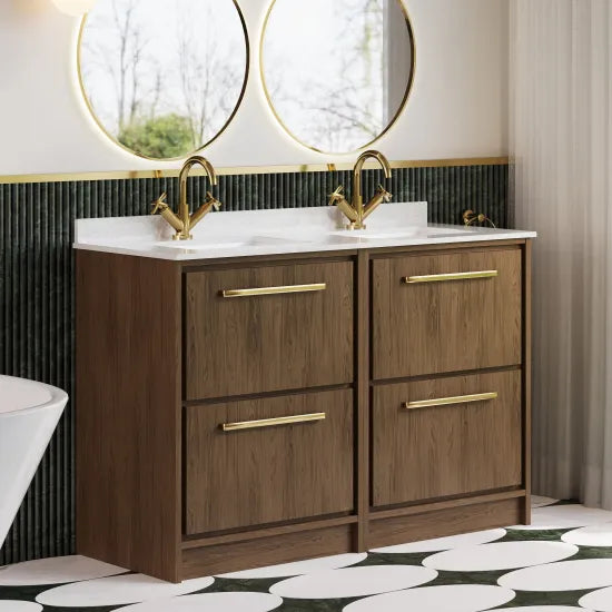 Hudson Reed Lille 1200mm Antique Oak 4 Drawer Floor Standing Vanity With Twin Marble Basin