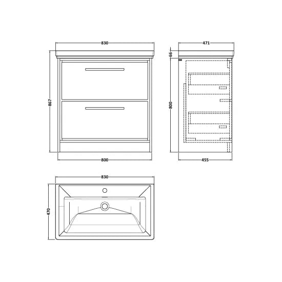 Hudson Reed Lille Antique Oak 2 Drawer Floor Standing Vanity Unit With 1 Tap Hole Fireclay Basin