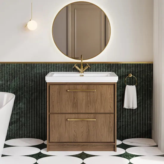 Hudson Reed Lille Antique Oak 2 Drawer Floor Standing Vanity Unit With 1 Tap Hole Fireclay Basin