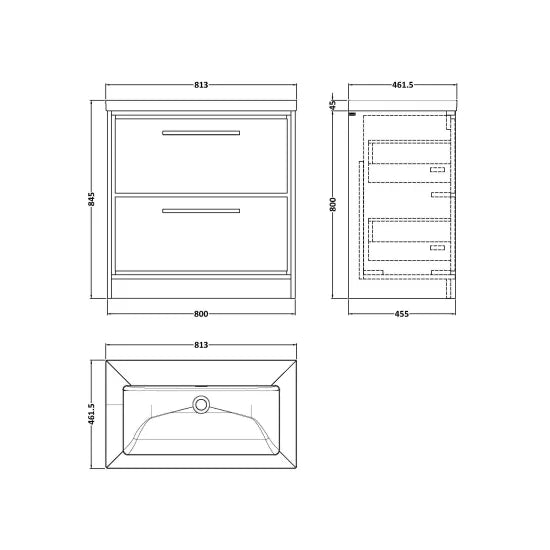 Hudson Reed Lille 800mm Antique Oak 2 Drawer Floor Standing Vanity Unit With Fireclay Basin