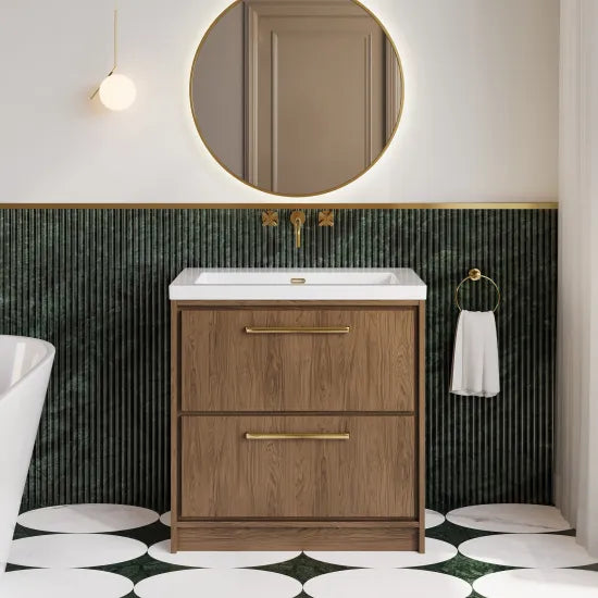 Hudson Reed Lille 800mm Antique Oak 2 Drawer Floor Standing Vanity Unit With Fireclay Basin