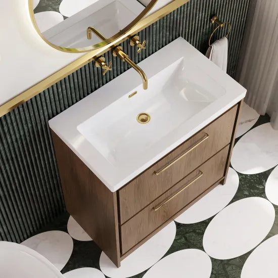Hudson Reed Lille 800mm Antique Oak 2 Drawer Floor Standing Vanity Unit With Fireclay Basin
