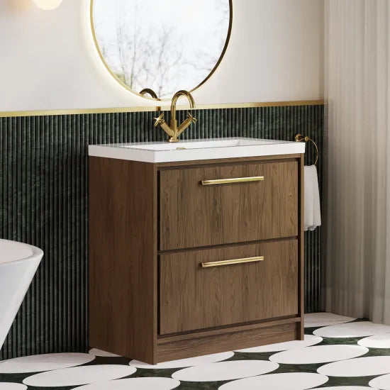 Hudson Reed Lille 800mm Antique Oak 2 Drawer Floor Standing Vanity Unit With 1 Tap Hole Fireclay Basin