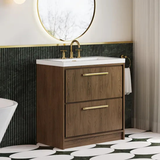 Hudson Reed Lille 800mm Antique Oak 2 Drawer Floor Standing Vanity Unit With 3 Tap Holes Fireclay Basin