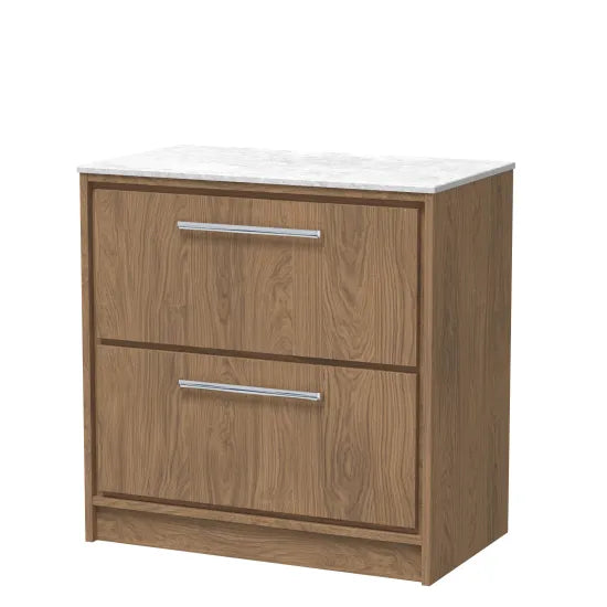 Hudson Reed Lille Antique Oak 2 Drawer Floor Standing Vanity Unit With White Marble Worktop