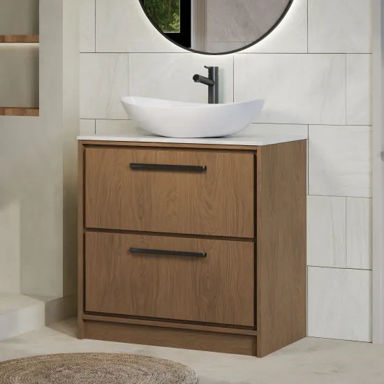 Hudson Reed Lille Antique Oak 2 Drawer Floor Standing Vanity Unit With White Marble Worktop
