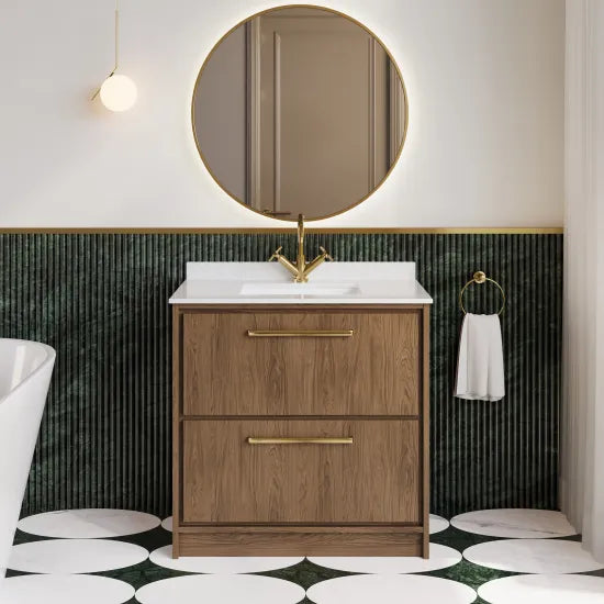Hudson Reed Lille Antique Oak 2 Drawer Floor Standing Vanity Unit With Square Basin With Marble Worktop