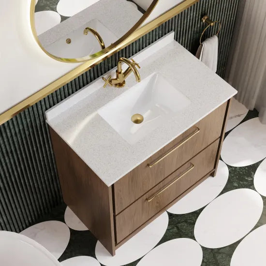 Hudson Reed Lille Antique Oak 2 Drawer Floor Standing Vanity Unit With Square Basin With Marble Worktop