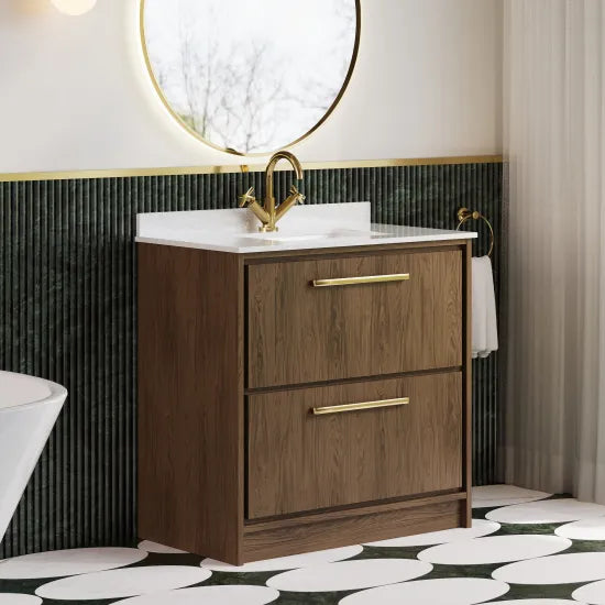 Hudson Reed Lille Antique Oak 2 Drawer Floor Standing Vanity Unit With Square Basin With Marble Worktop
