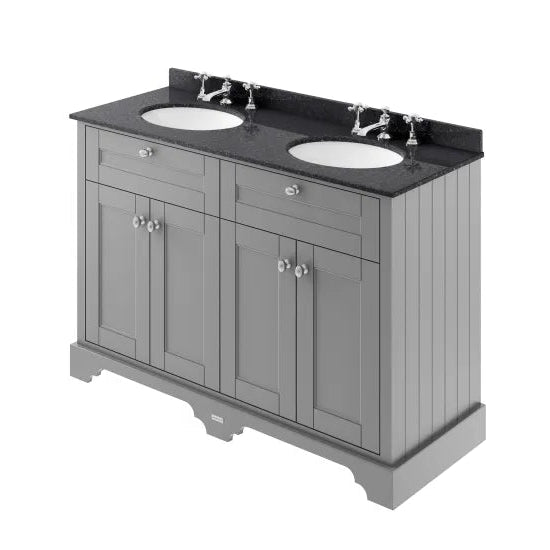 Old London 1200mm 4 Door Floor Standing Cabinet With 6 Tap Holes Twin Black Marble Basin