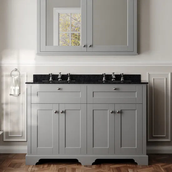 Old London 1200mm 4 Door Floor Standing Cabinet With 6 Tap Holes Twin Black Marble Basin