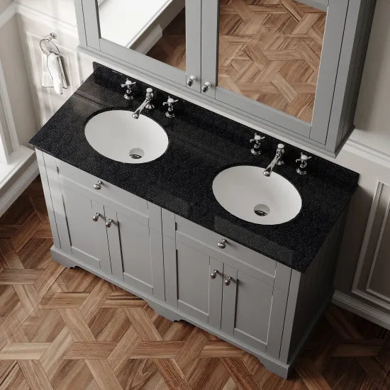 Old London 1200mm 4 Door Floor Standing Cabinet With 6 Tap Holes Twin Black Marble Basin