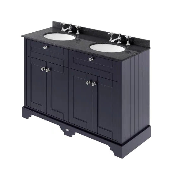 Old London 1200mm 4 Door Floor Standing Cabinet With 6 Tap Holes Twin Black Marble Basin