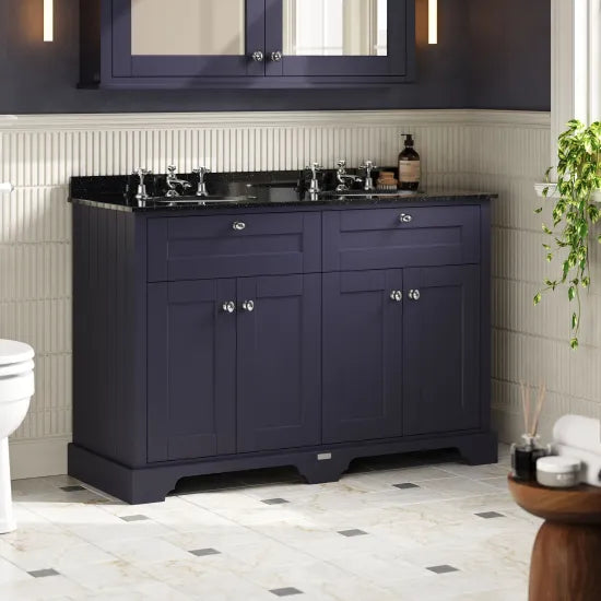 Old London 1200mm 4 Door Floor Standing Cabinet With 6 Tap Holes Twin Black Marble Basin