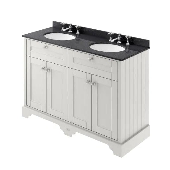 Old London 1200mm 4 Door Floor Standing Cabinet With 6 Tap Holes Twin Black Marble Basin