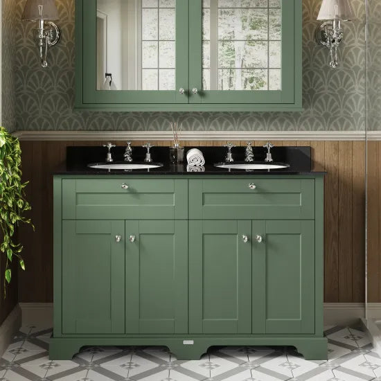 Old London 1200mm 4 Door Floor Standing Cabinet With 6 Tap Holes Twin Black Marble Basin