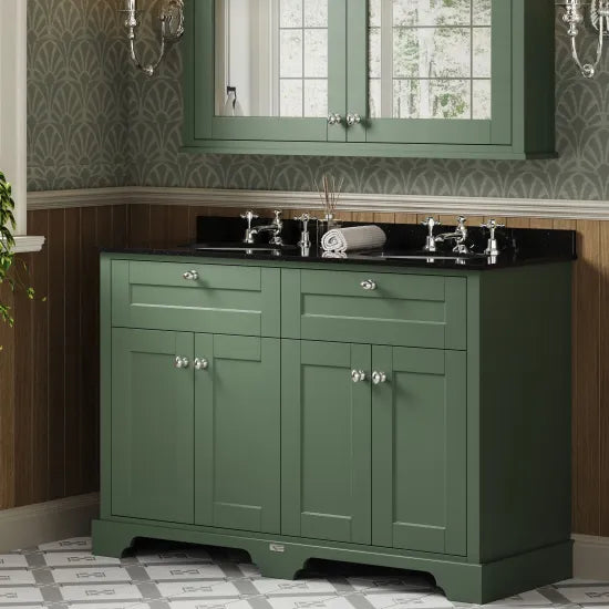 Old London 1200mm 4 Door Floor Standing Cabinet With 6 Tap Holes Twin Black Marble Basin