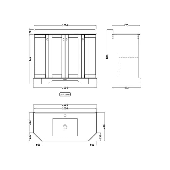 Old London 1000mm 4 Door Floor Standing Angled Vanity Unit With 1 Tap Hole Marble Basin