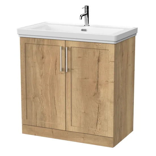 nuie lux Larck 800mm Autumn Oak 2 Door Floor Standing Vanity Unit With 1 Tap Hole Fireclay Basin With Ceramic Basin